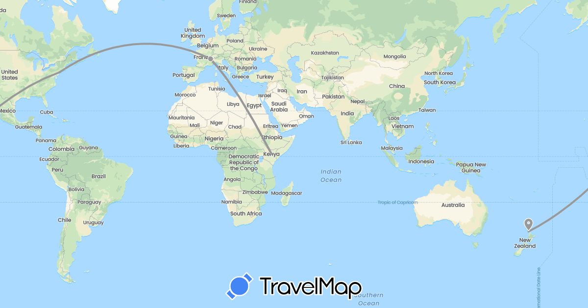 TravelMap itinerary: driving, plane in France, Kenya, New Zealand, United States (Africa, Europe, North America, Oceania)